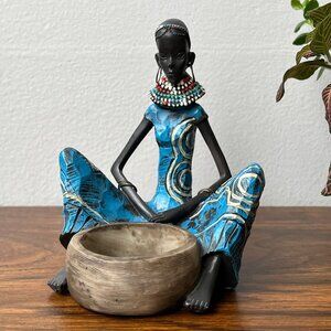 Exotic African Woman Tribal Lady Figurine Candle Holder Trinket Dish Home Decor